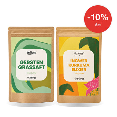 KI-generierte Abbildung (beispielhaft): Grünes Trink-Duo: Gerstengrassaft + Ingwer Kurkuma Shot – Set, 10% sparen
