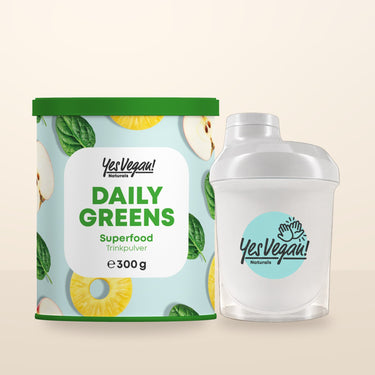 KI-generierte Abbildung (beispielhaft): Daily Greens Superfood Trinkpulver 300 g mit Yes Vegan Shaker – Set