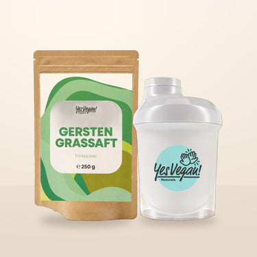KI-generierte Abbildung (beispielhaft): Gerstengrassaft Pulver mit Yes Vegan Shaker – Set