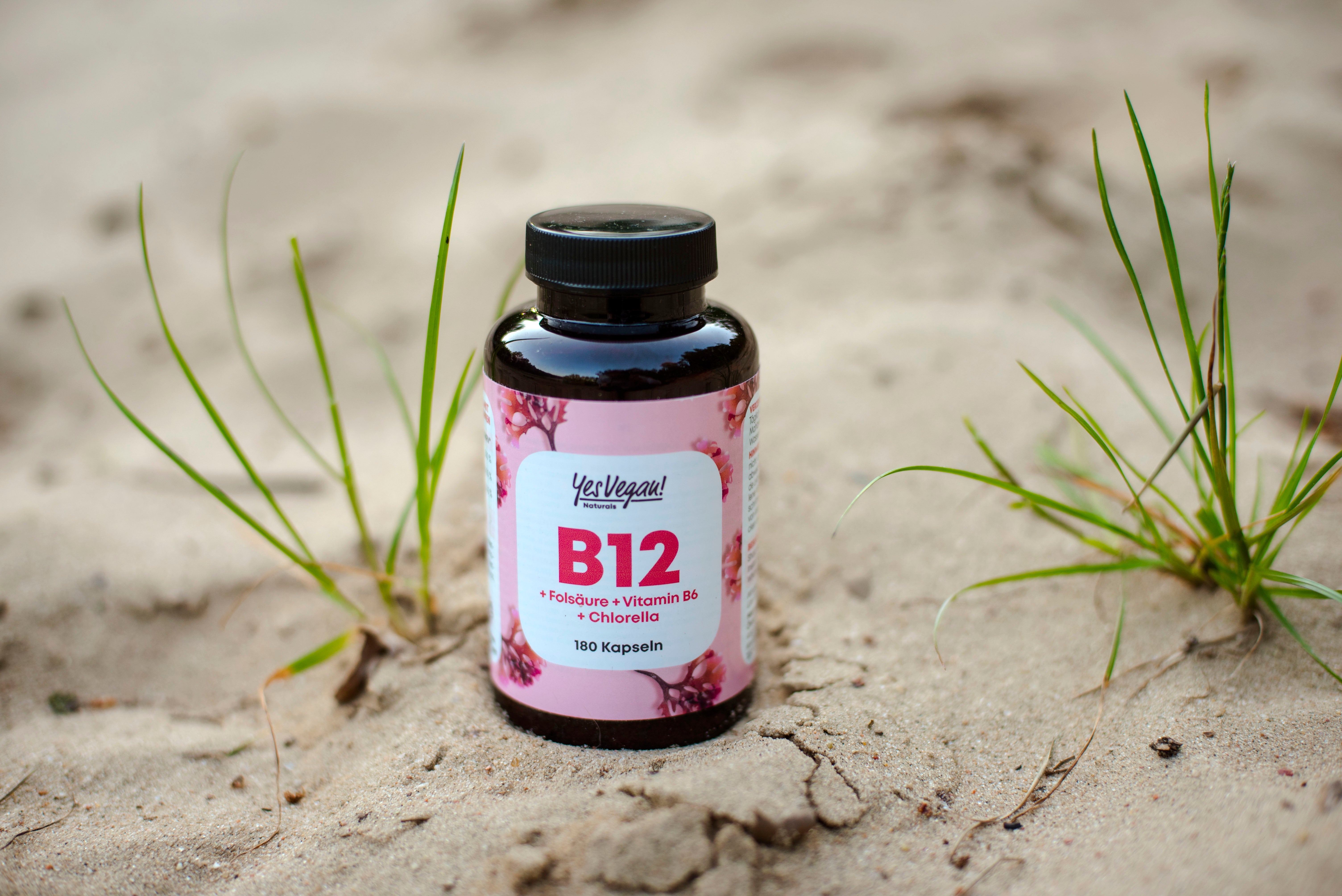 Yes Vegan Vitamin B12 Kapseln mit Folsäure, B6 und Chlorella – 180 Kapseln, im Sand