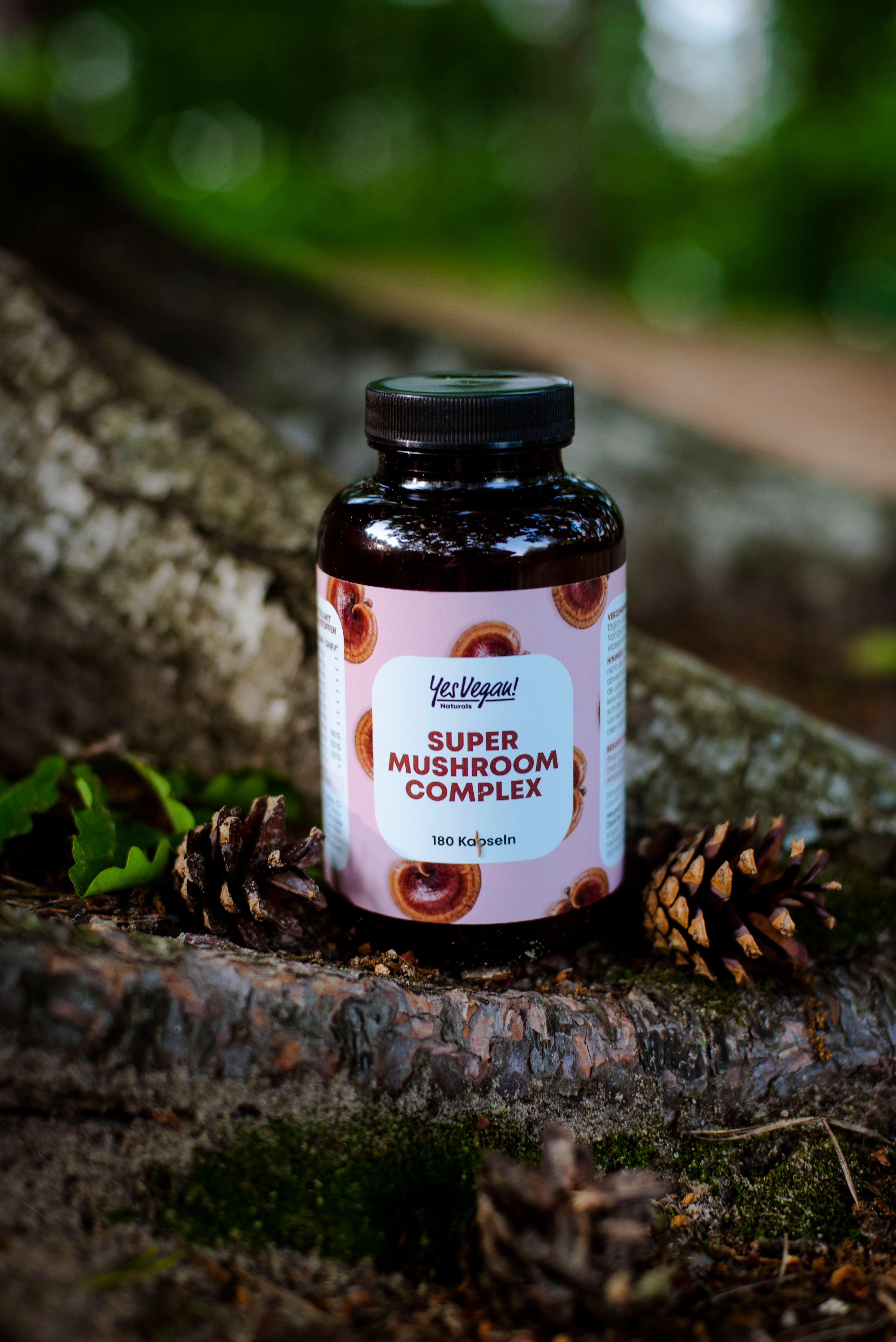 Yes Vegan Mushroom Complex Dose im Wald auf Baumstamm mit Zapfen
