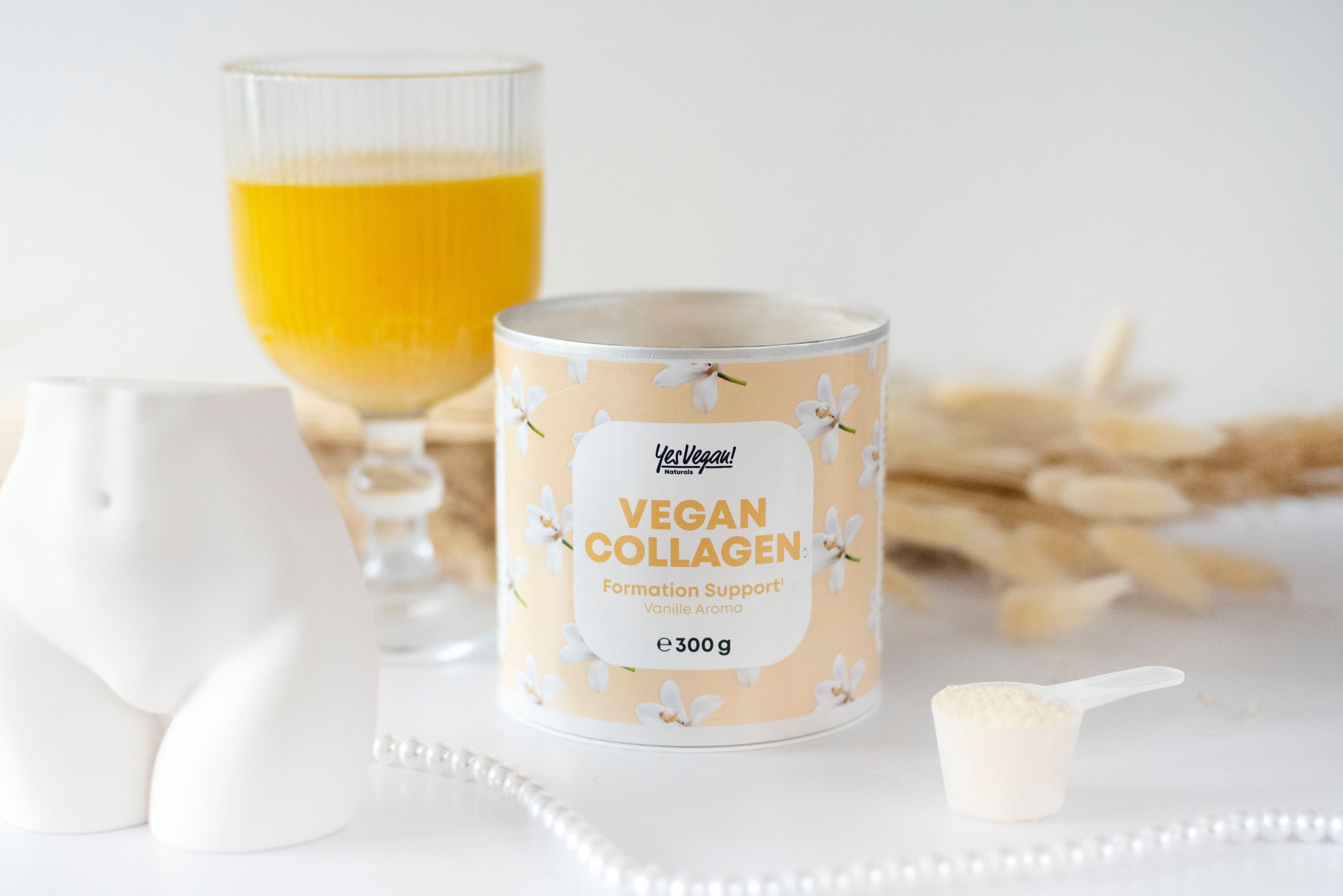 Yes Vegan Vegan Collagen Vanille 300 g mit Drink und Messlöffel