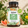 Yes Vegan Bitter Superfoods – hochwertiges Produkt-Titelbild mit natürlichen botanischen Elementen