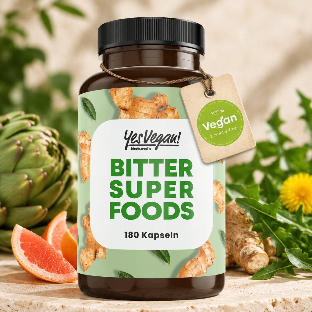Yes Vegan Bitter Superfoods – hochwertiges Produkt-Titelbild mit natürlichen botanischen Elementen