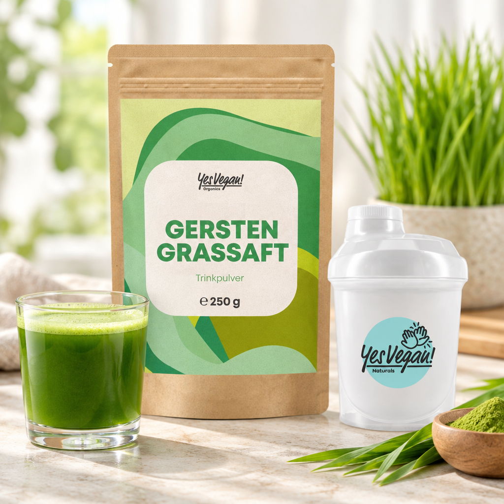 Yes Vegan Gerstengrassaft Pulver und Shaker Set – Premium Produkt-Titelbild