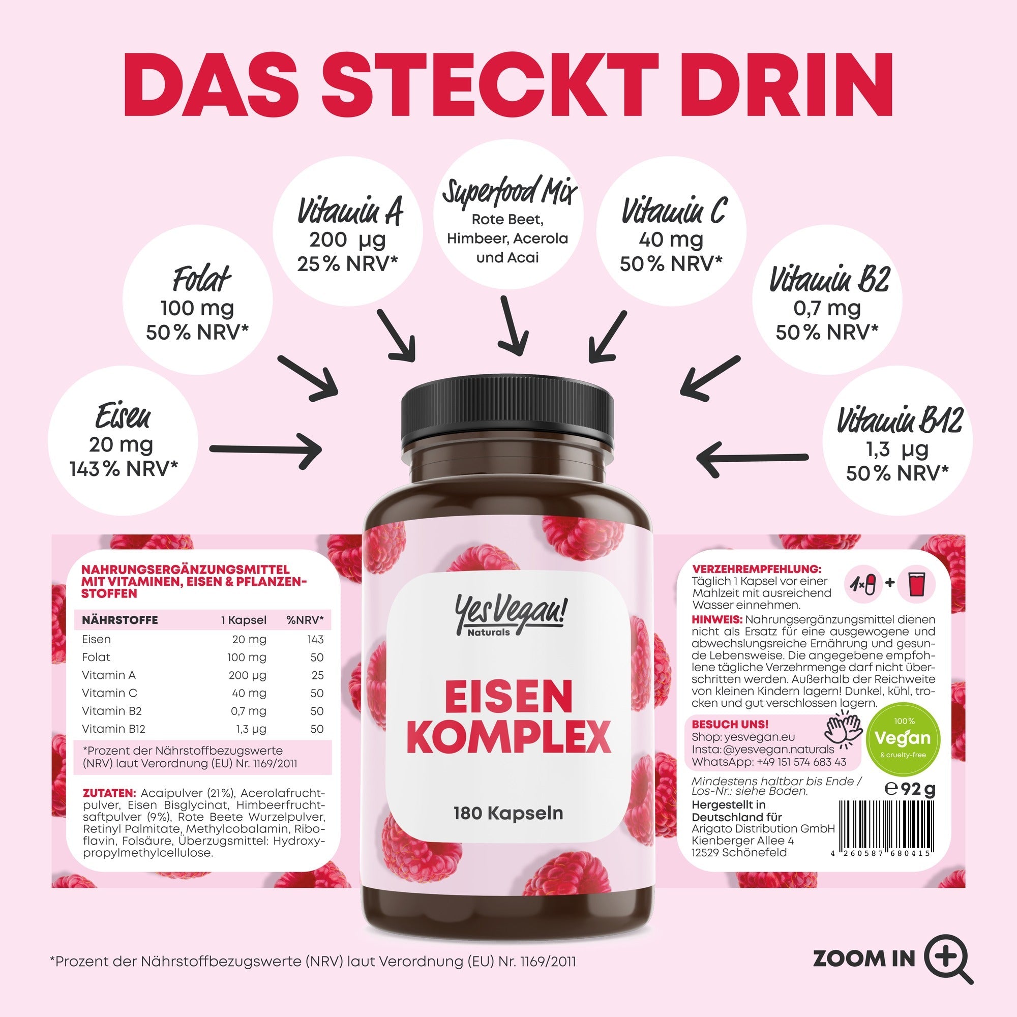 Eisen Komplex – das steckt drin: Eisen, Folat, Vitamin A, C, B2, B12, Superfood-Mix
