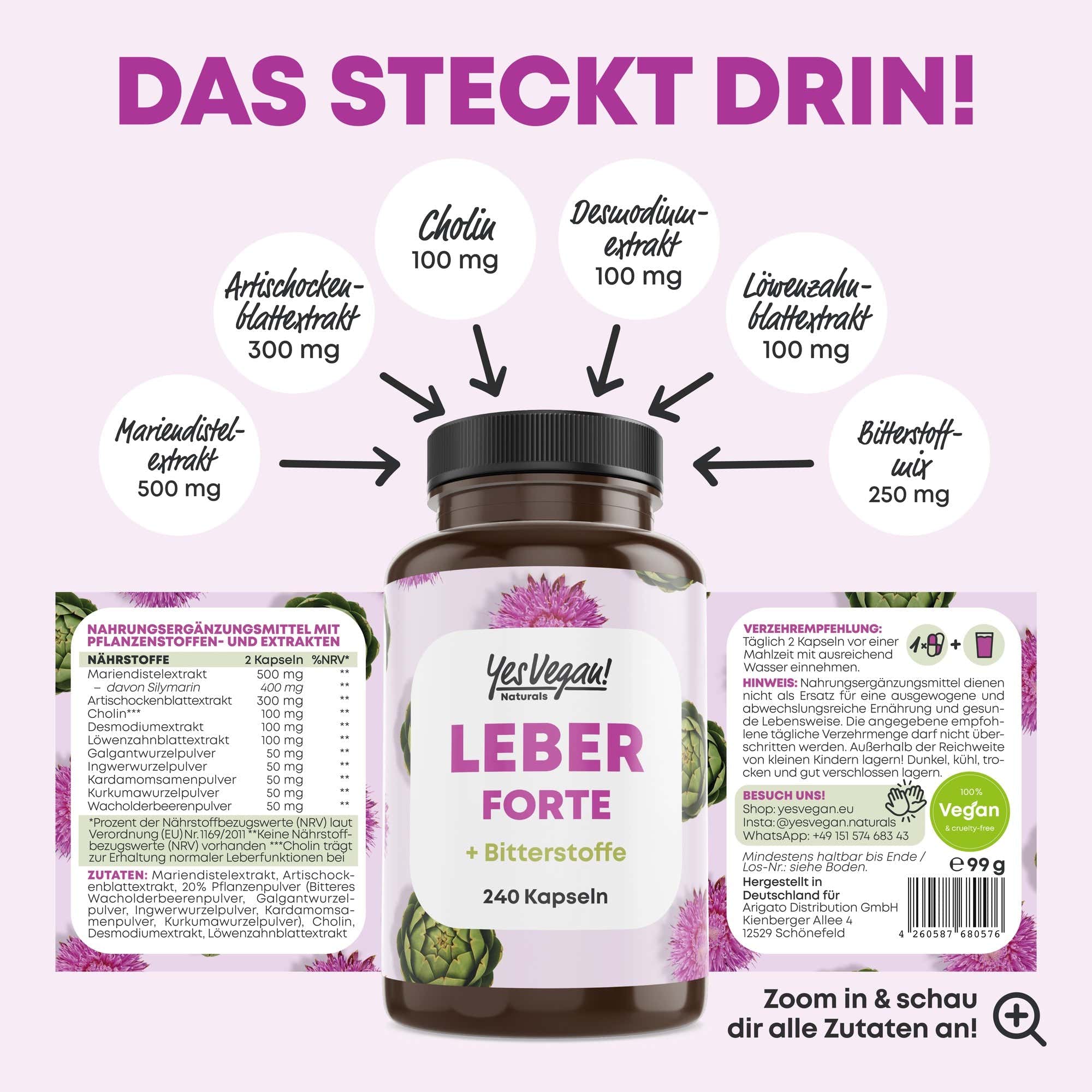 Leber Forte – das steckt drin: Mariendistel, Artischocke, Cholin, Desmodium, Löwenzahn, Bitterstoff-Mix